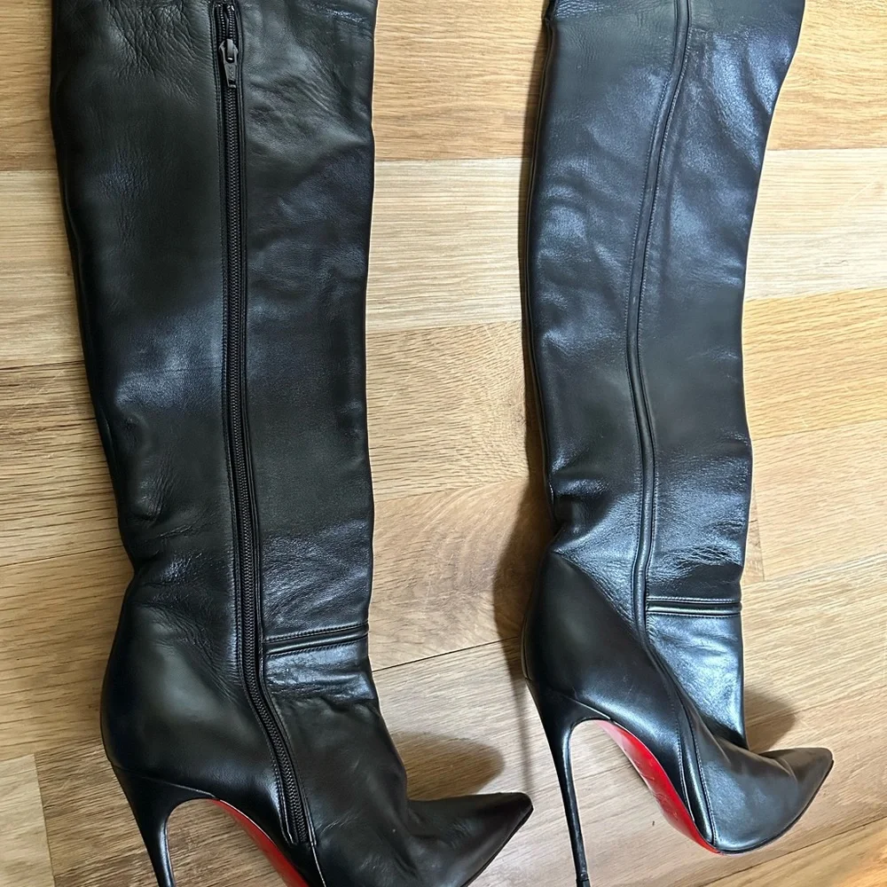 Christian Louboutin Black Leather Over-the-Knee Pointed Stiletto Boots